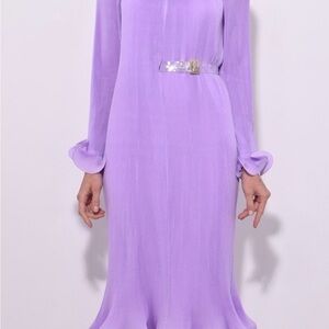 Tibi Plisse Navy Blue Ruffle Long Sleeve Dress